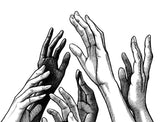 Illustration of multiple hands reaching towards each other on a white background