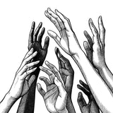 Illustration of diverse hands reaching towards each other on a white background