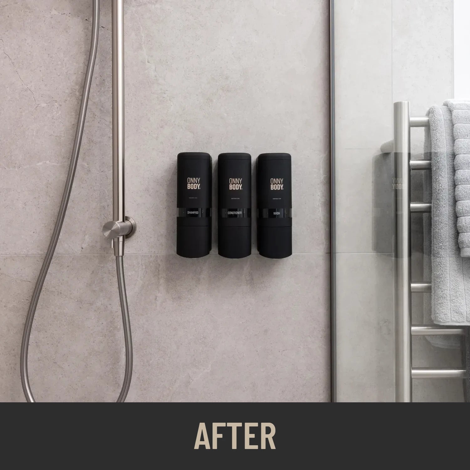 after using ONNYBODY shot of a shower caddy with messy variety of bath products on a shower wall