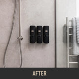after using ONNYBODY shot of a shower caddy with messy variety of bath products on a shower wall