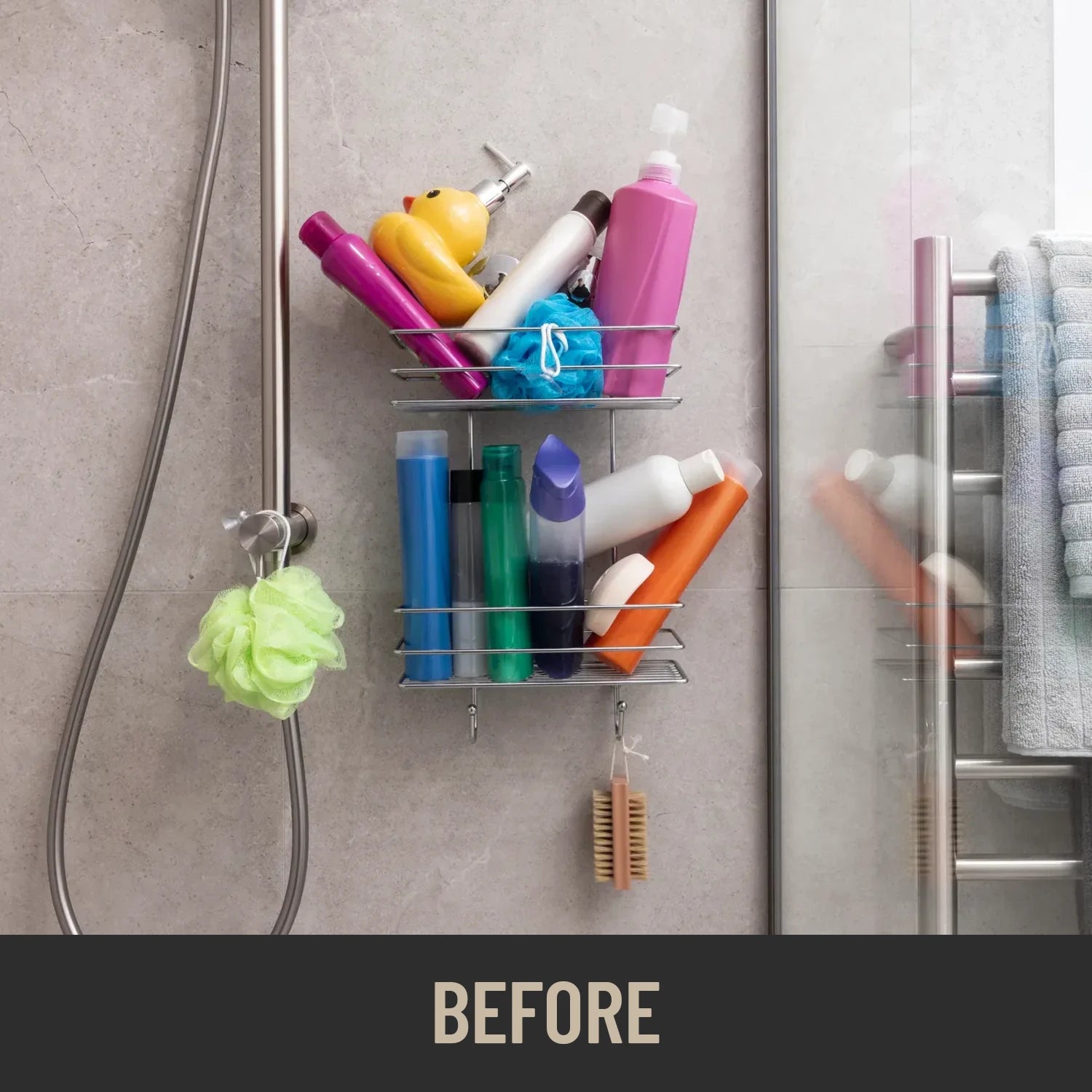 a before using ONNYBODY shot of a shower caddy with messy variety of bath products on a shower wall