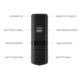 Black ONNYBODY dispenser with features labeled on a white background. LOCKABLE LID, 480ML FILL CAPACITY, BLACK SOFT TOUCH FINISH, VIEWING WINDOW, EASY TO USE PUMP, HIGH GRADE MATERIAL, EASY TO CLEAN